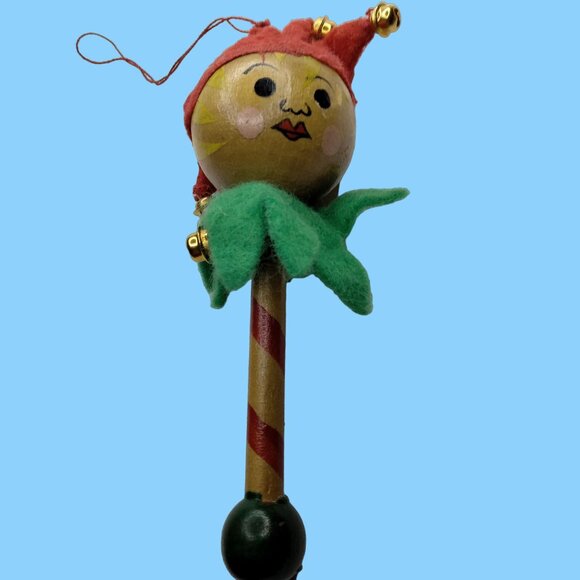 Jester Christmas Ornament Elf clown Baton Wood Grannycore - Picture 1 of 6